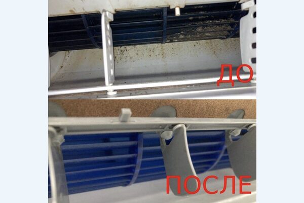 Сравнение загрязнённой и очищенной турбины внутреннего блока кондиционера